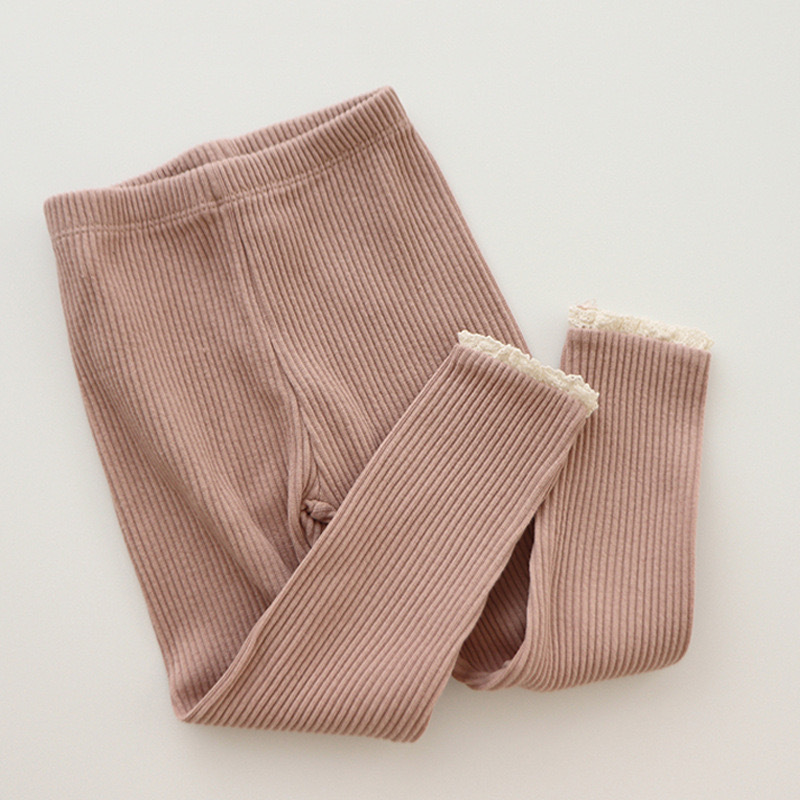 Korean style spring girls' pants pure cotton spring and autumn children's high elastic leggings striped lace little girl's trousers