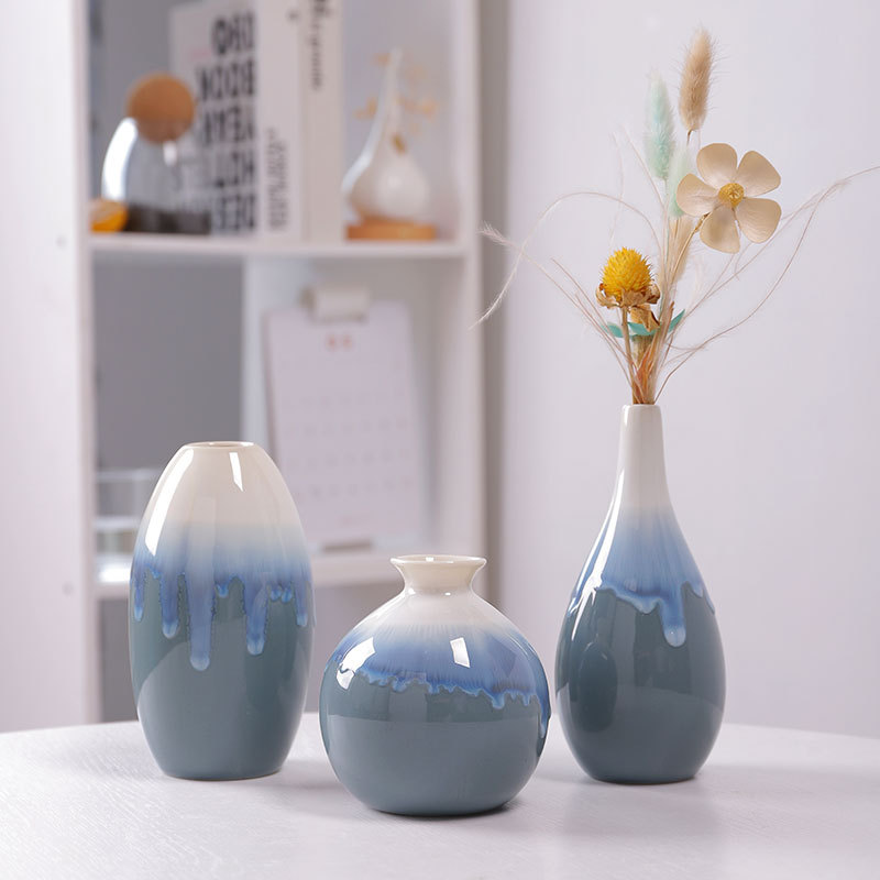Flow glaze kiln blue ceramic vase decoration home decoration plain burning white vase flower holder three-piece set cross-border
