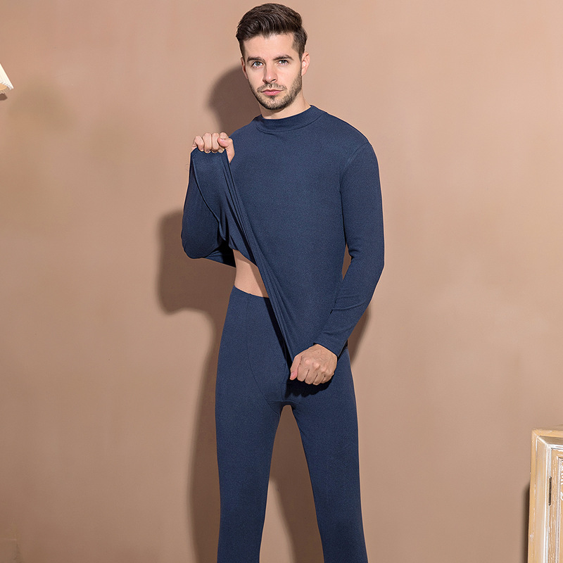 Mid-collar velvet thermal underwear set men's and women's double-sided brushed autumn pants bottom shirt semi-high collar thermal underwear