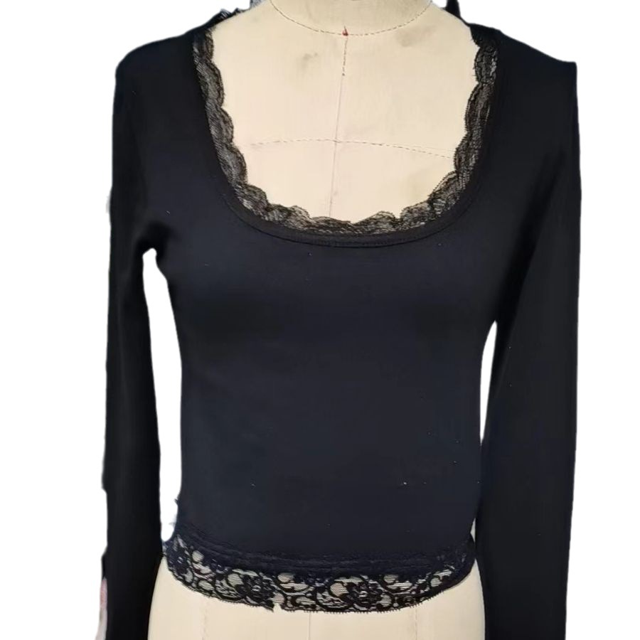 2023 cross-border women's clothing Amazon best selling cotton long sleeve T-shirt lace stitching umbilical square collar T-shirt women's clothing wholesale