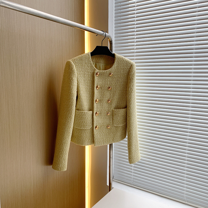 2023 Spring and Autumn New elegant socialite Chanel style double breasted coat women's round neck long sleeve tweed top women