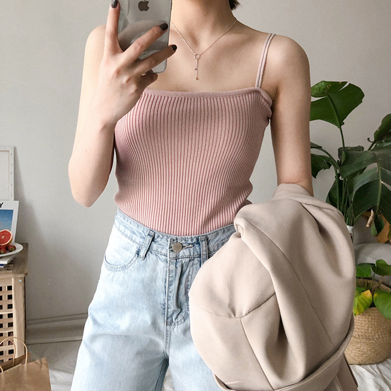 Spring and Summer Base Knitted Camisole Women's Outer Wear Korean Style Fresh Style Student Slim-fit Solid Color Inner Top