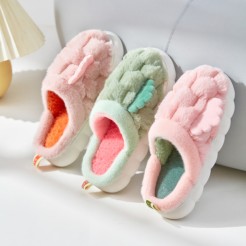 New small wings cotton slippers on excrement feeling turtle fluffy wool slippers large white bottom wholesale soft home ladies
