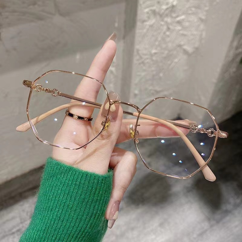 New ultra-light gold polygonal plain glasses frame women's tremolo small red book with anti-blue light flat mirror