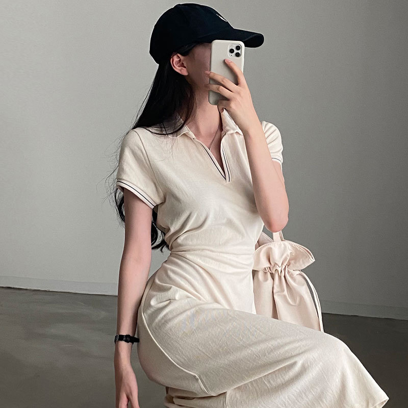 South Korea chic summer French retro POLO collar contrast color trim waist slimming short sleeve A- line dress women