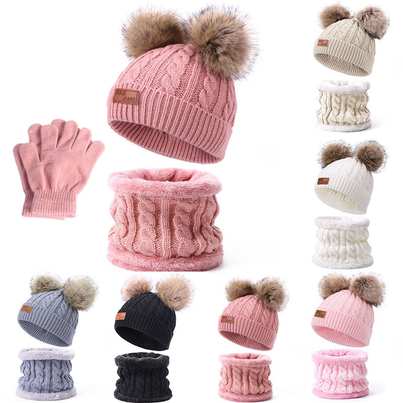 Winter children's scarf hat two-piece set pom-pom baby baby knitted hat warm wool plus velvet thickened neck cover