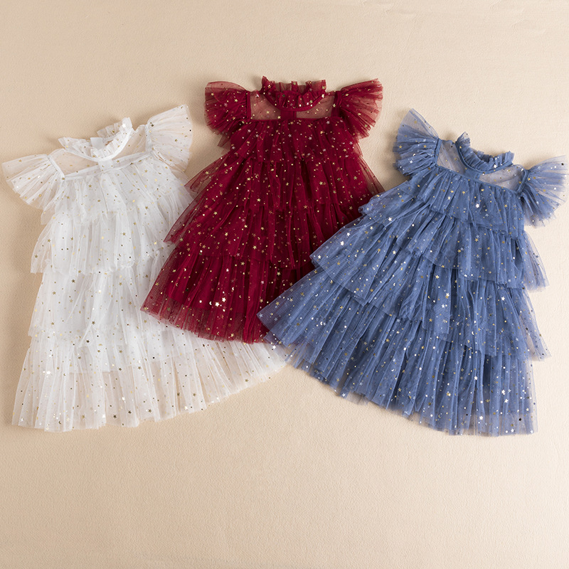 2022 Summer New Girls' Princess Dress Girl's Fairy-like Sequin Mesh Puff Dress Children's Korean Style Dress