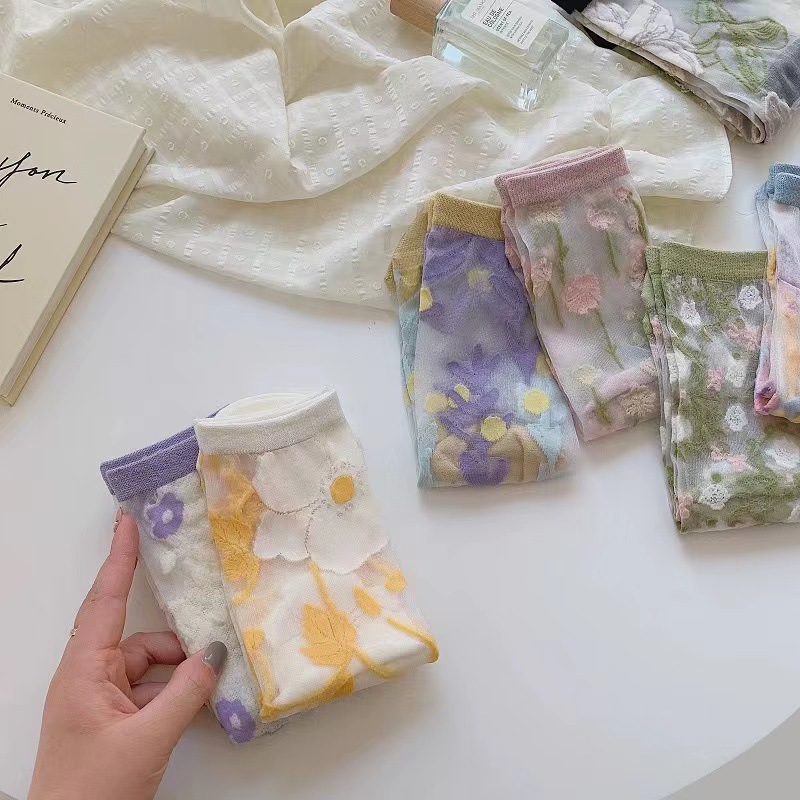 JK Glass Silk Socks for Women Summer Crystal Stockings Ultra-thin Transparent Cassette Cotton Bottom Mid-calf Socks for Women Manufacturers Wholesale