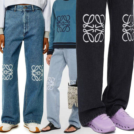 Autumn and winter new LOE with high waist Hollow Patch embroidered LOGO decoration casual dark blue straight tube denim pants
