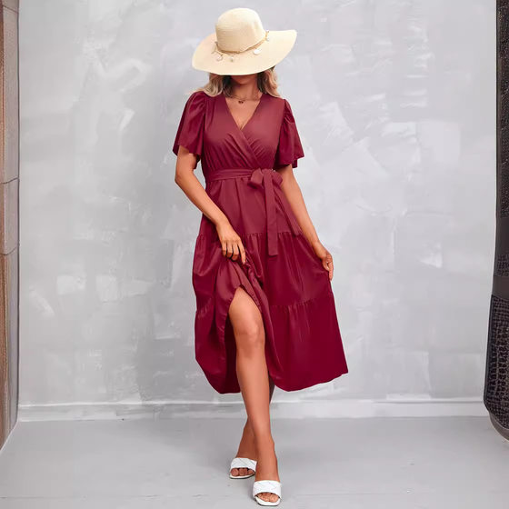 Foreign Trade Women's Clothing Amazon Explosions Cross-border European Goods Summer New Hot Solid Color V-neck Short-sleeved Dress