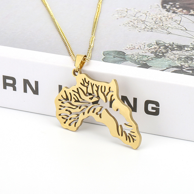 European and American Cross-border Explosions Africa Map Pendant Necklace Titanium Steel Hollow Life Tree Gold-plated Color-preserving All-match Clavicle Chain