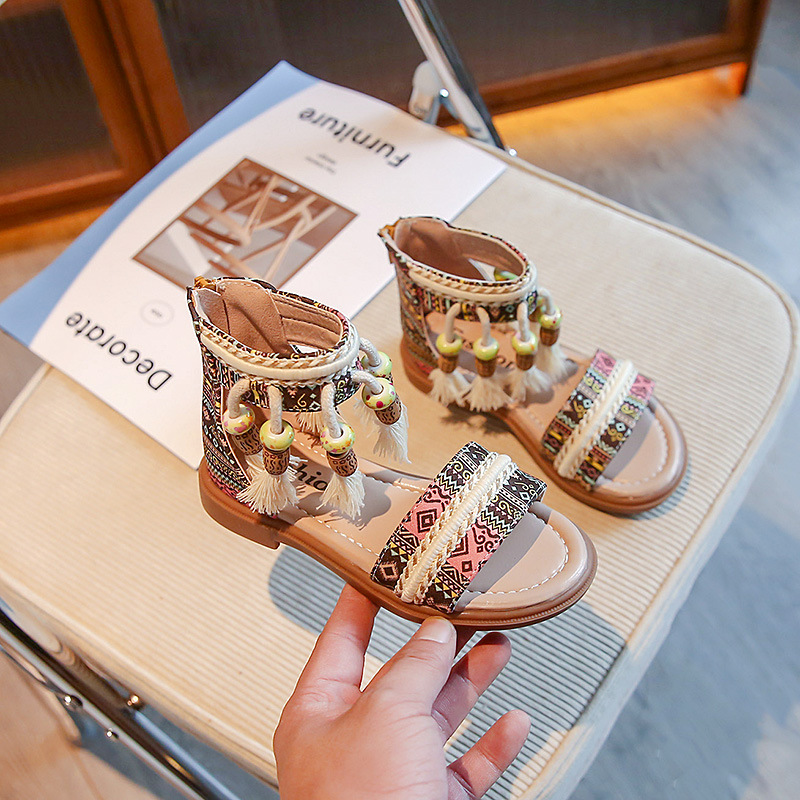 Girls' sandals 2023 Summer new fashion all-match princess shoes ethnic style children's tassel soft sole shoes