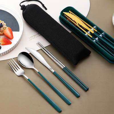 304 stainless steel portable tableware Korean-style knife, fork, spoon and chopsticks four-piece set student tableware outdoor gift tableware set