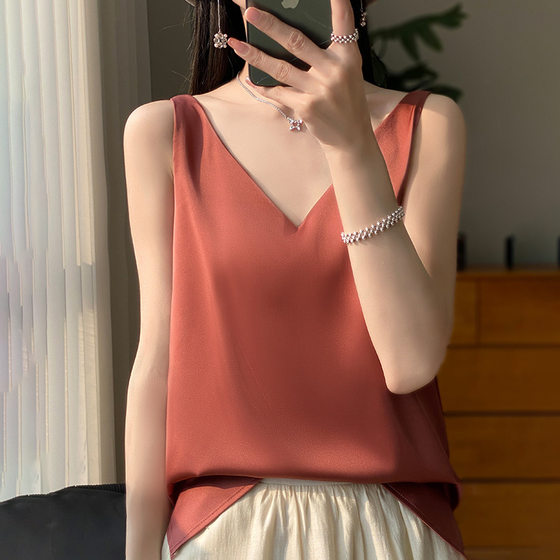 Silk silk shoulder camisole women's vest 2024 summer new slim v-neck short temperament inner top t-shirt
