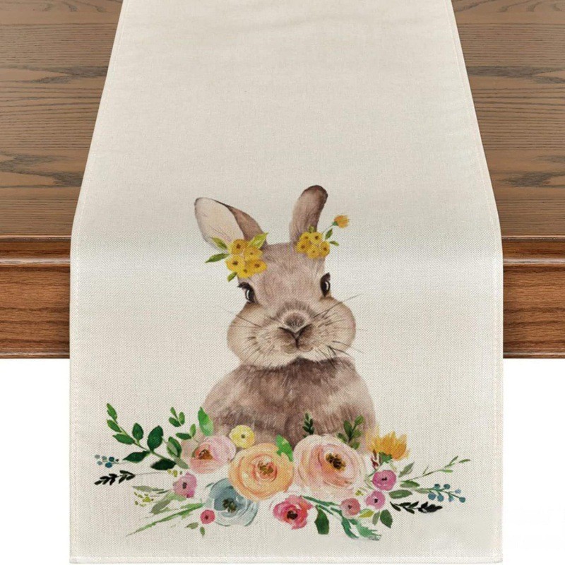Cross-border linen table runner new Easter rabbit decoration creative printing dining table decoration cloth kitchen entrance tablecloth