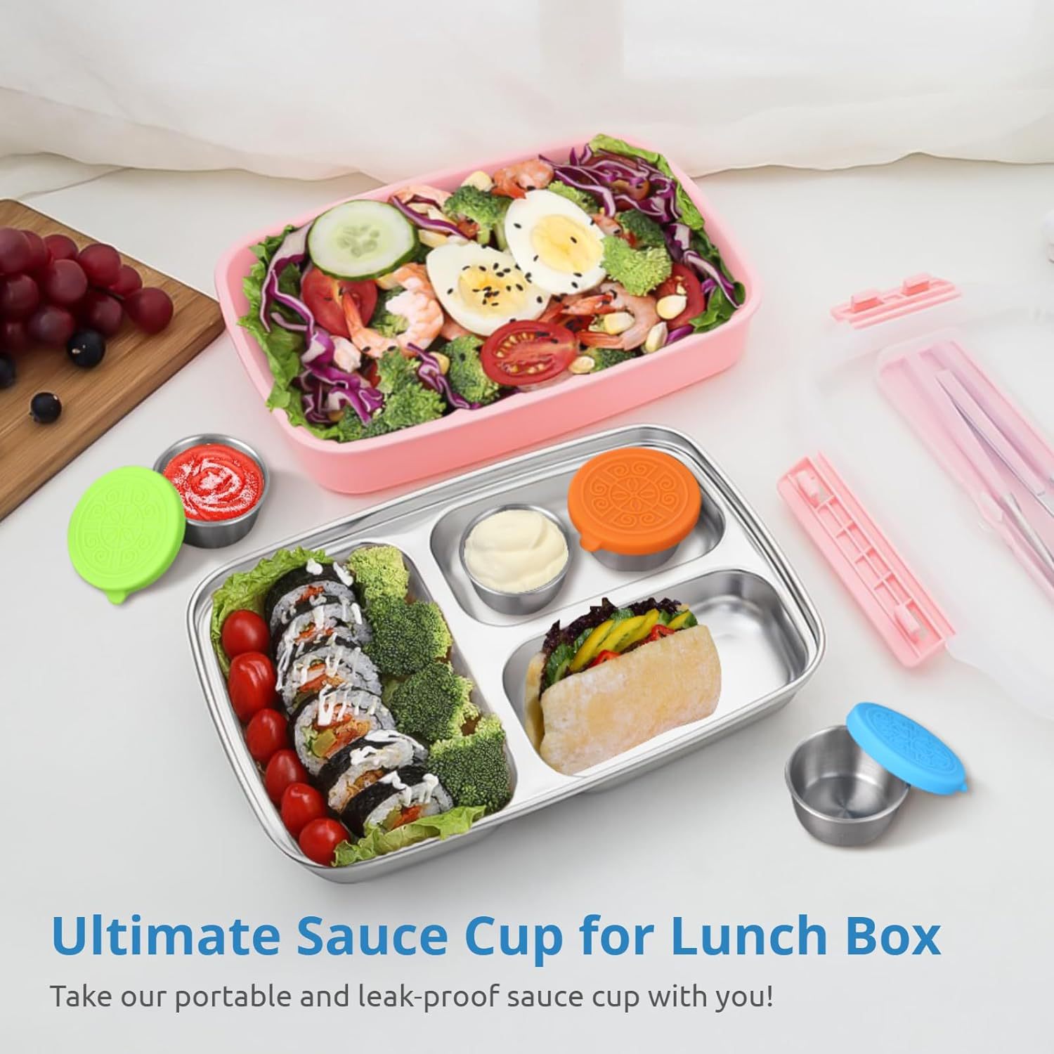 Amazon hot sale 304 stainless steel sauce cup with silicone lid 40ml dipping cup portable sauce seasoning dish