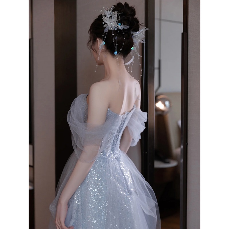 Evening Dress High-end Sense 2025 New Style Blue Banquet Elegant Light Luxury Vocal Art Test Host Gao Ding Birthday Dress