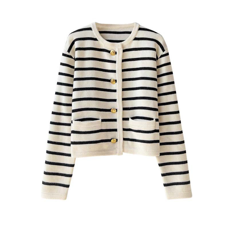 Gold Button Contrast Stripesd Round Neck Small Fragrant Knitted Cardigan for Women Autum French Loose Short Outer Sweater Jacket