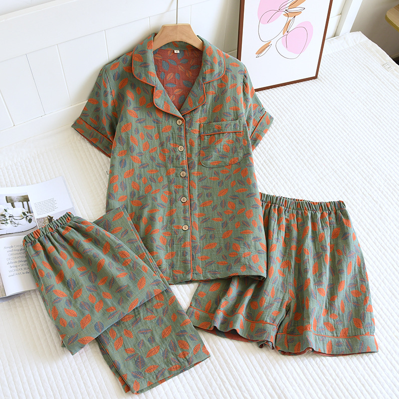 Retro printed pajamas three-piece set spring and summer cotton gauze thin short-sleeved shorts trousers home wear suit