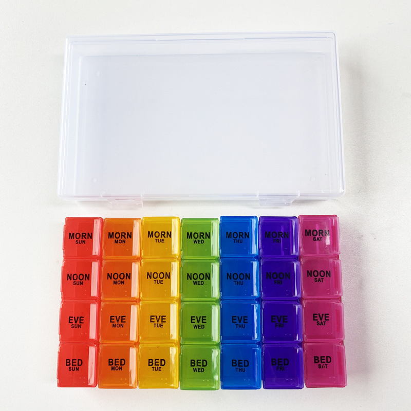 Spot manufacturers supply a week flip medicine box morning, middle and evening medicine box 4 rows of 28 rainbow color flip medicine box