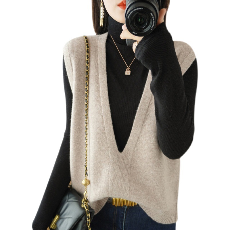 New Autumn and Winter Core-spun Yarn Material Women's 100 Knitted V-neck Vest Pullover Vest Korean-style Outer Wool Waistcoat