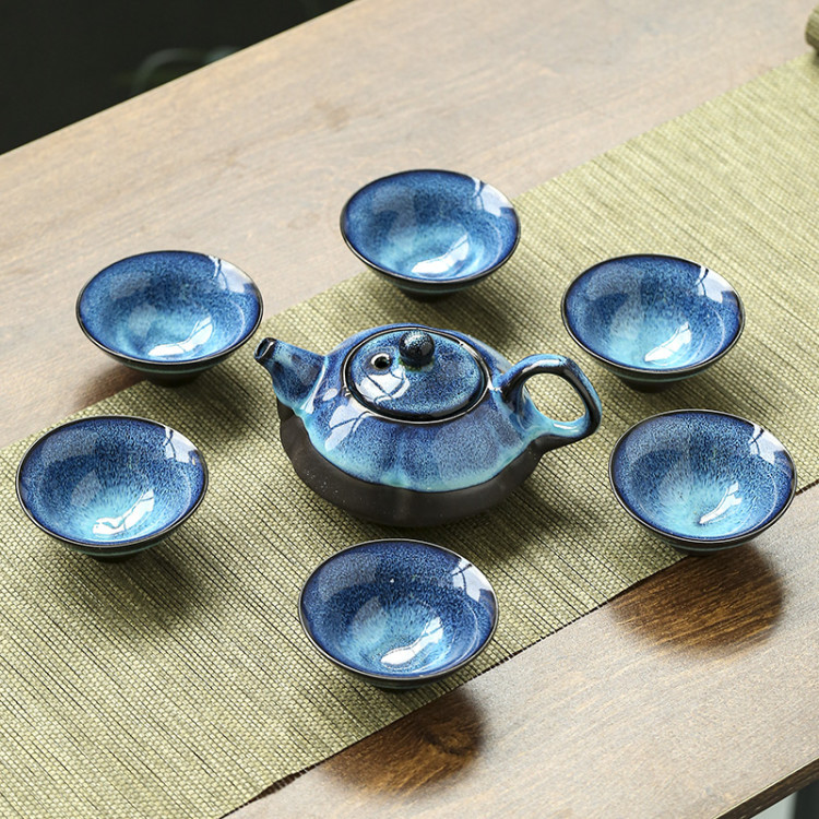Tianmu glaze blue rabbit hair brushed kiln change kung fu tea set suit special offer ceramic Jianzhan bucket Cup gift wholesale