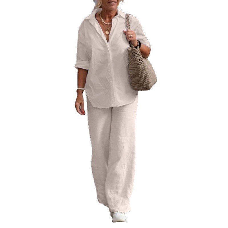 European and American Cross-border Women's Two-piece Suit Women's 2023 Lapel Long-sleeved Shirt Spring and Autumn Casual Solid Color Pants Wide-leg Suit