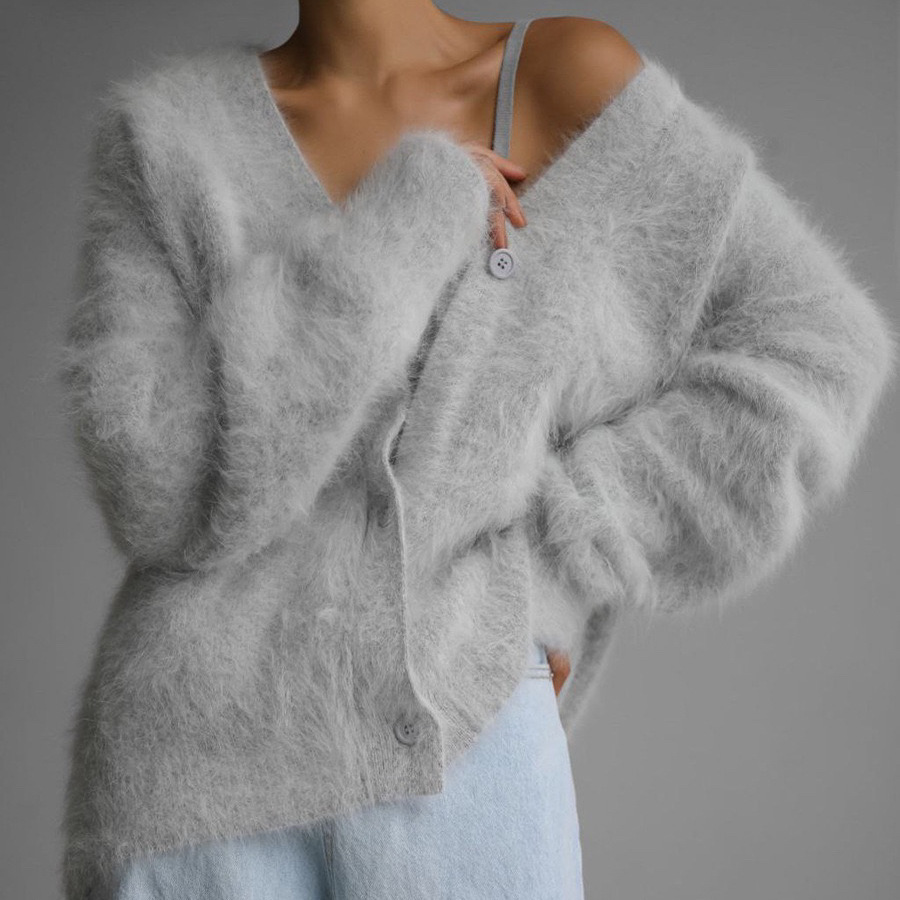 Europe and the United States cross-border mink velvet V-neck knitted sweater women's 2024 autumn and winter new loose solid color foreign trade cardigan women's coat