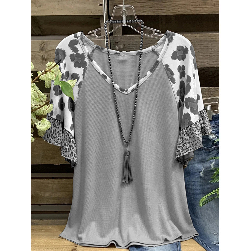 2022 Independent Station Amazon Foreign Trade Spring and Summer New Women's T-shirt V-neck Leopard Print Ruffled Short-sleeved T-shirt
