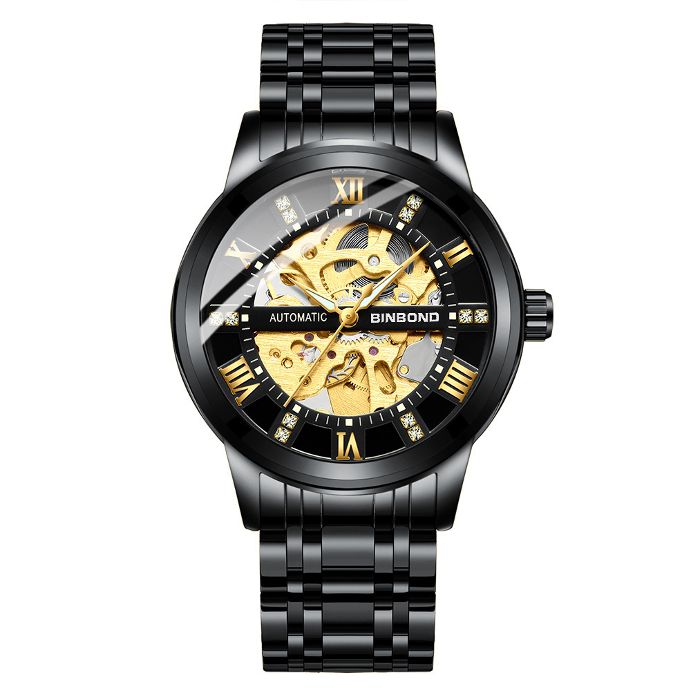 Binbang Watch Men's Automatic Mechanical Watch Hollow Luminous Waterproof Student Korean Style Simple Fashion Men's Watch