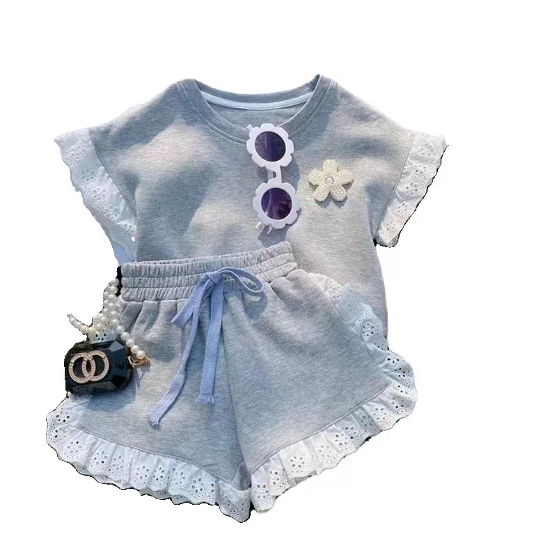 Girls' 2023 New Summer Set Baby Korean Casual Lace Short-sleeved T-shirt Children's Shorts Cotton