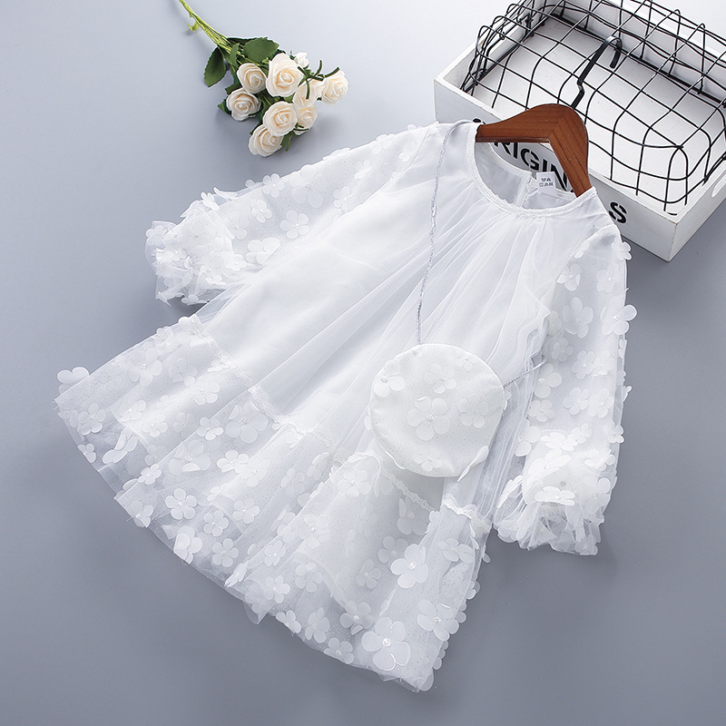 Spring new children's skirt mesh flower shiny belt bag long sleeve girls dress Korean version of a generation of hair
