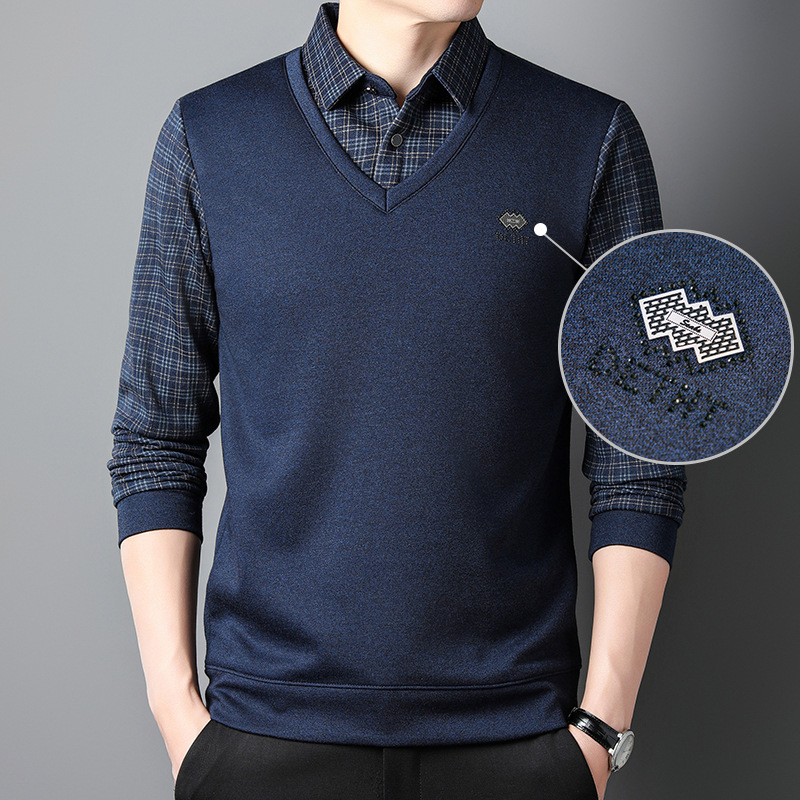 2023autumn and winter fleece-lined thickened fake two-piece sweater long-sleeved T-shirt Korean casual warm sweater men's fashion