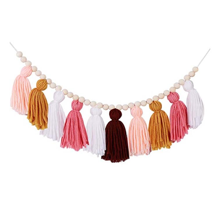 ins Nordic Style Handmade Wooden Bead String Wool Tassel String Home Children's Room Decorative Wall Hanging Wall Hanging