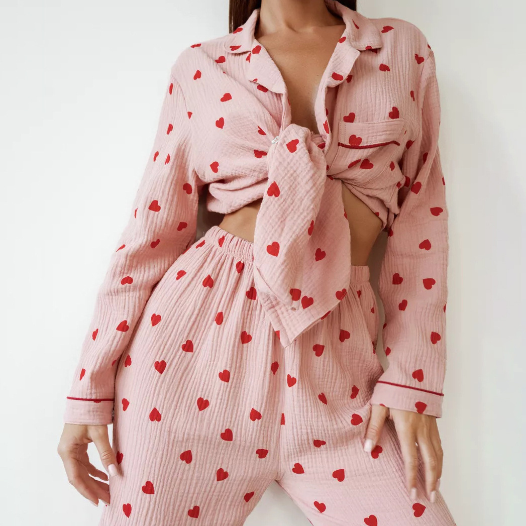 European and American Cross-border Printed Crepe Cotton Pajamas Loose Trousers Long-sleeved Skin-friendly Two-piece Home Clothes Women's 2025 Spring