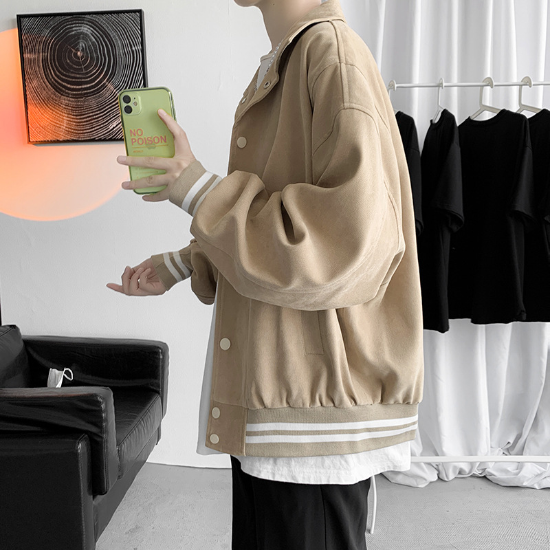Baseball Suit Jacket Men's Spring Thickened Trendy Brand Solid Color Lapel Jacket Hong Kong Style Loose Retro New Student Jacket