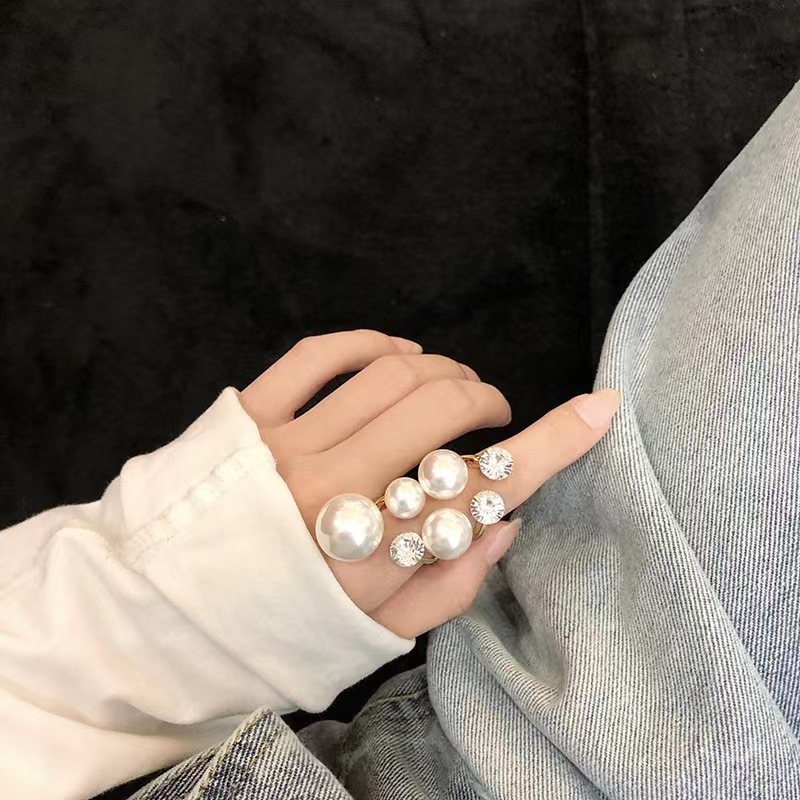 European and American design diamond pearl irregular open ring finger ring net red cold wind women's jewelry wholesale