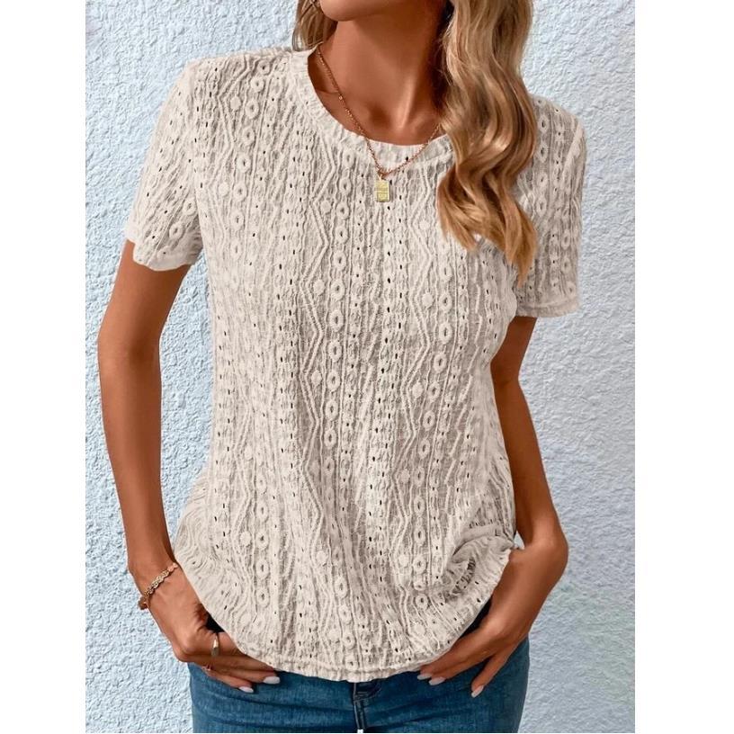 Amazon 2023 European and American Foreign Trade Cross-border Women's Summer Comfortable and Fresh and Sweet Round Neck Hollow Short-sleeved T-shirt for Women