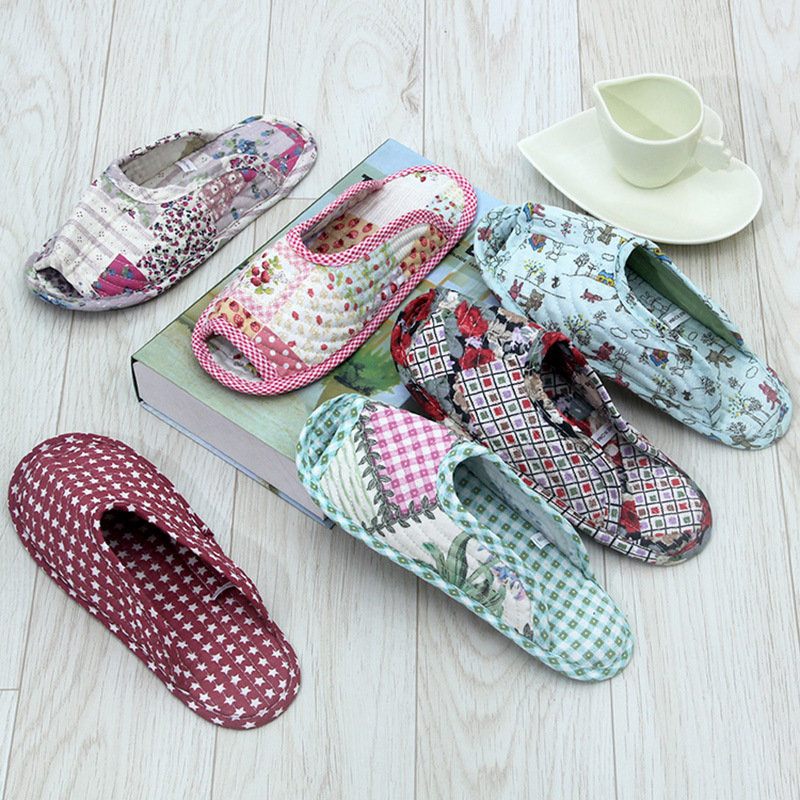 Wholesale Korean Style Pastoral Fabric Home Slippers Machine Washable Quilted Warm Soft Sole Non-Slip Carpet Shoes