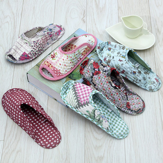 Wholesale Korean Style Pastoral Fabric Home Slippers Machine Washable Quilted Warm Soft Sole Non-Slip Carpet Shoes