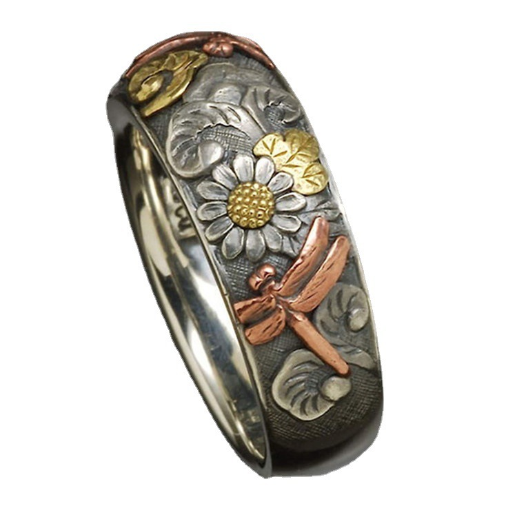 咖亿潮流亚马逊新品跨境热卖复古风雕纹戒指 花朵蜻蜓向日葵戒指