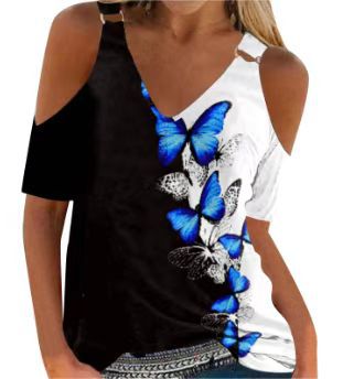 2023 cross-border European and American manufacturers supply 3D printing fashion V-neck loose T-shirt casual off-shoulder women's clothing