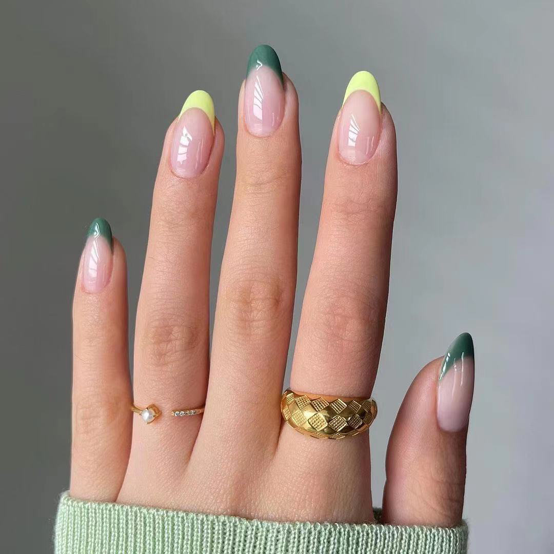 法式橄榄绿跳色穿戴美甲成品Press on nail指甲片美甲贴片假指甲