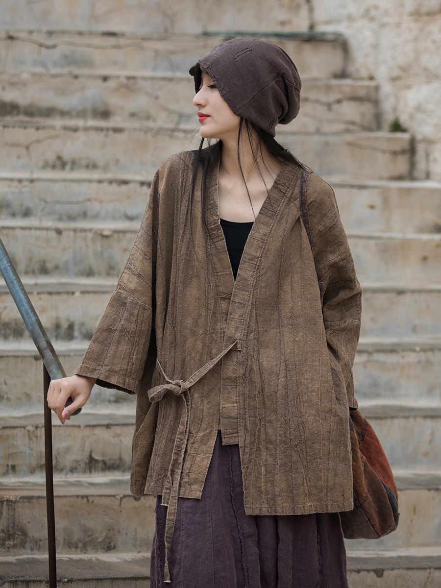 Ramie Tie-dyed Folding Old 24 Spring Cotton and Linen Women's Clothing New Style Slant Placket Lace-up Shirt Zen Style Wandering Style Women's Coat