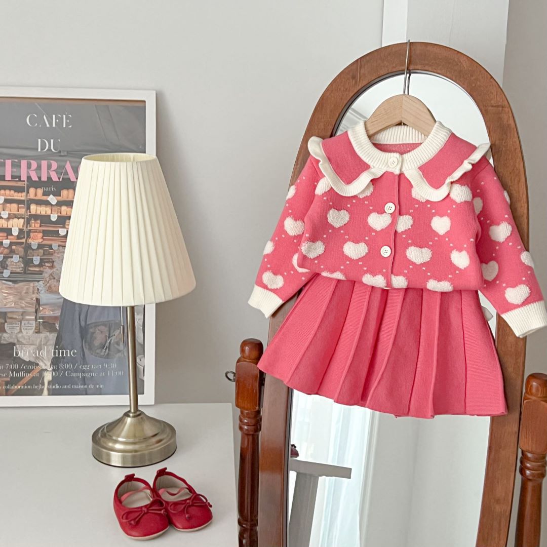 JINYONG Baby Girl Sweater Dress Girls' Knitted Two-Piece Dress Korean-Style Heart-Shaped Towel Embroidered Cardigan Dress