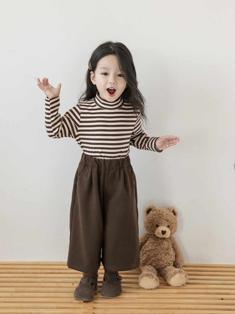 Qiu Duomeng Children's Half High Collar Striped Base Shirt 2023 Autumn New Girls Korean T-shirt Baby Long Sleeve T-shirt