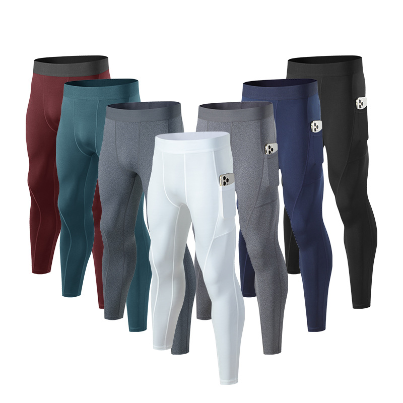Men's Skinny Sports Pants Fitness Running Training Trousers Cross-border Breathable Quick-drying Stretch Side Pocket Skinny Pants