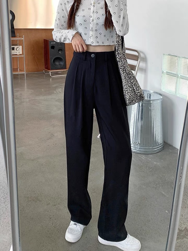 Solid color high waist suit pants for women Spring and autumn sports pants loose casual wide-leg pants for women nine-point floor pants for women