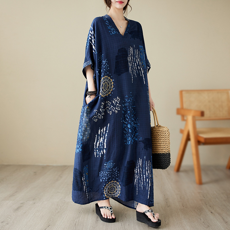 Real Shot 2024 Summer Thin Cotton and Linen Large Size Artistic Retro Loose Vacation V-Neck Beach Dress for Women