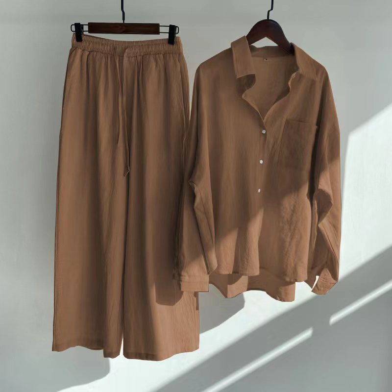Cross-border  Women's 2-piece Vintage Plus Size 2022 Cotton and Linen Shirt Set High Waist Loose Trousers_voghion.com